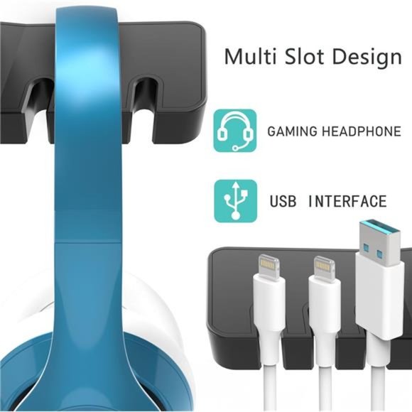 Headphone Stand with USB Charger Under Desk Headset Holder Mount with 3 Port USB - Picture 4 of 6